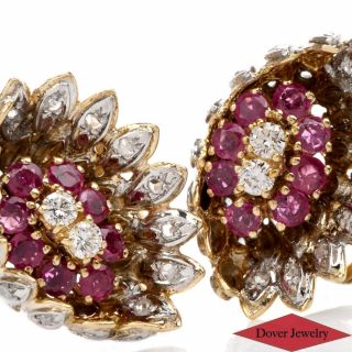 Vintage Diamond 1.  95ct Ruby 18k Gold Floral Cluster Earrings 19.  2 Grams Nr
