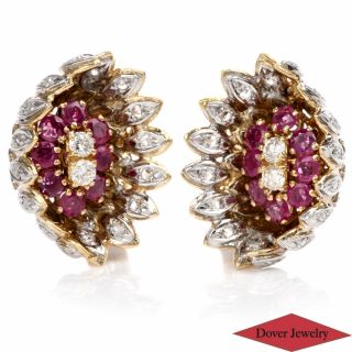 Vintage Diamond 1.  95ct Ruby 18K Gold Floral Cluster Earrings 19.  2 Grams NR 2