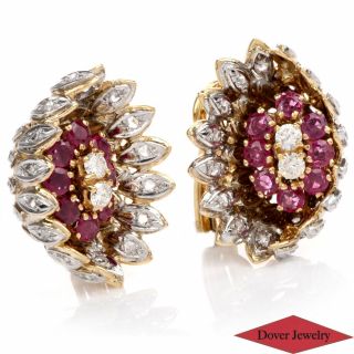 Vintage Diamond 1.  95ct Ruby 18K Gold Floral Cluster Earrings 19.  2 Grams NR 3