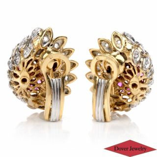 Vintage Diamond 1.  95ct Ruby 18K Gold Floral Cluster Earrings 19.  2 Grams NR 4