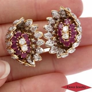 Vintage Diamond 1.  95ct Ruby 18K Gold Floral Cluster Earrings 19.  2 Grams NR 5