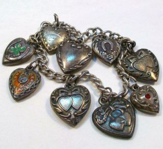 Old Vintage Sterling Puffy Heart Charm Bracelet - Two Enamel - Some Engraved