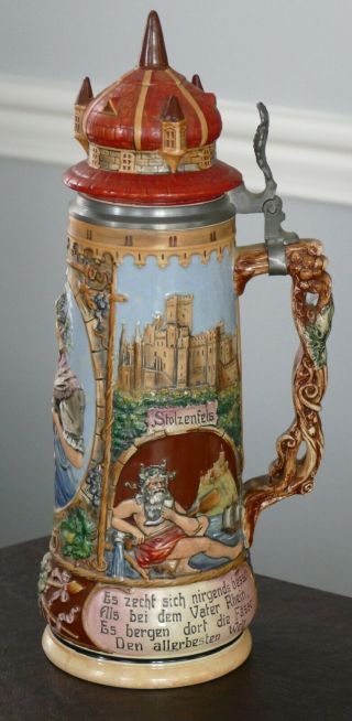 Huge Antique German Pottery Relief Beer Stein " Prosit " W/ Castle Lid 15 3/4 " H