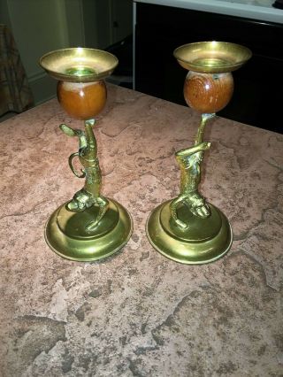 Pair Vintage Arthur Court Monkey Acrobat Candlestick Holders Brass & Wood 1977