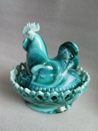 Vintage Imperial Slag Glass Ornate Chicken On Nest Cookie Jar Rare Green