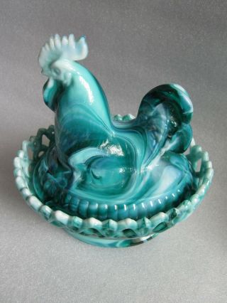 Vintage Imperial Slag Glass Ornate Chicken on Nest Cookie Jar Rare Green 3