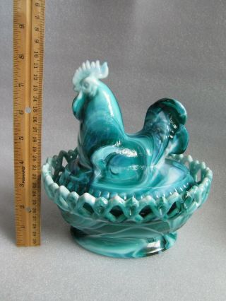 Vintage Imperial Slag Glass Ornate Chicken on Nest Cookie Jar Rare Green 5