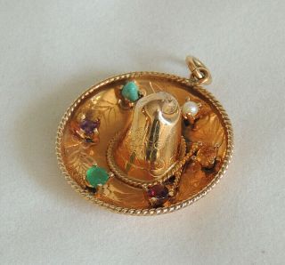 Rare Vtg 14k Yellow Gold Sombrero Mexican Hat Pendant Charm With Gem Stones 6.  7g