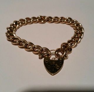 Vintage Antique 9ct Gold Uk Hallmarked Curb Link Charm Bracelet Heart Padlock