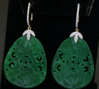 Vintage 18k Gold.  68ctw Diamond/35 X 28.  6mm Carved Jadeite Jade Dangle Earrings