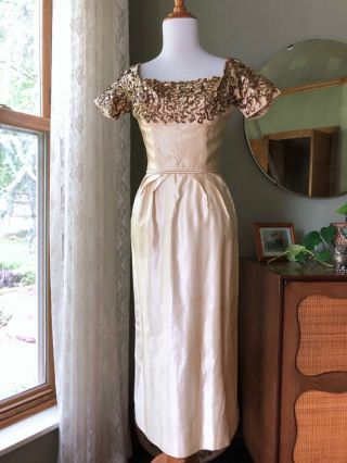 50s Ceil Chapman Silk Dress Bronze Sequins Designer Couture 1950s Vintage Gown