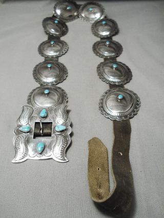 Early Hand Tooled Vintage Navajo Turquoise Sterling Silver Concho Belt