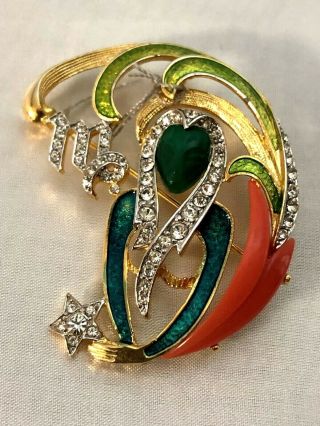 Vintage De Nicola Enameled & Rhinestone Zodiac Virgo Exquisite Colorful Brooch