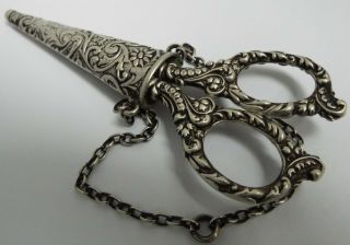 English Antique Sterling Silver Chatelaine Sewing Scissors & Case 1904