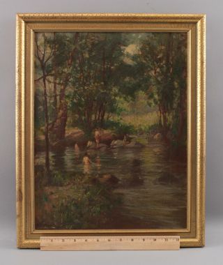 Antique Hal Robinson,  Country Skinny Dipping Boys,  Impressionist Oil Painting Nr