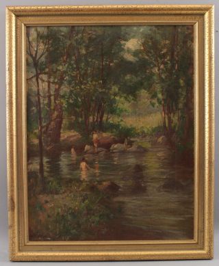 Antique HAL ROBINSON,  Country Skinny Dipping Boys,  Impressionist Oil Painting NR 2