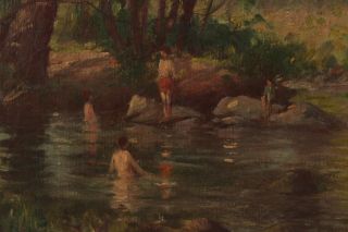 Antique HAL ROBINSON,  Country Skinny Dipping Boys,  Impressionist Oil Painting NR 4
