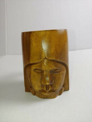 Vintage Face Hand Carved Tribal Ladies Head Monkey Pod Wooden Mug Cup Wood