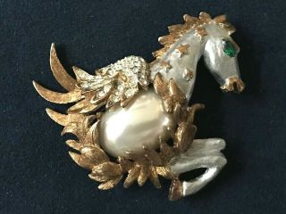 Kenneth Jay Lane 60s Signed Pegasus Horse Brooch,  Large Pearl Belly & Stars