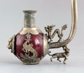 Collect Old Tibet Silver Inlay Agate Carved Dragon & Phenix Noble Tobacco Pipe 4