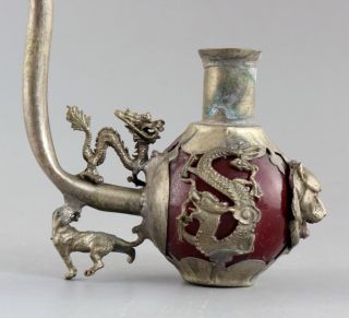 Collect Old Tibet Silver Inlay Agate Carved Dragon & Phenix Noble Tobacco Pipe 5