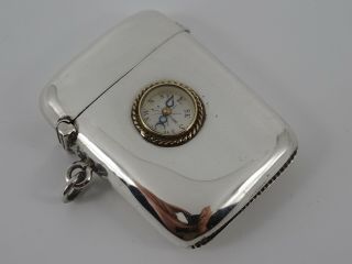 V Rare Edwardian Solid Sterling Silver Plain Compass Vesta Case Chester 1909
