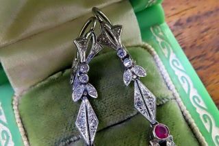 Vintage palladium ANTIQUE ART DECO RUBY DIAMOND CHANDELIER DROP ESTATE earrings 3