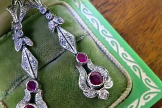 Vintage palladium ANTIQUE ART DECO RUBY DIAMOND CHANDELIER DROP ESTATE earrings 5