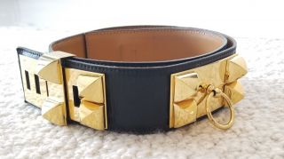 Hermes Medoru Collier De Chien Black Leather & Gold Plated Hardware Vintage Rare