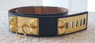 HERMES MEDORU COLLIER DE CHIEN BLACK LEATHER & GOLD PLATED HARDWARE VINTAGE RARE 9