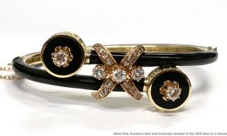 18k Yellow Gold Fine Diamond Black Enamel Xo Hinged Vintage Bangle Bracelet