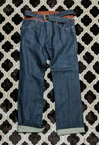 Vtg 90s Jean Paul Gaultier Jeans Archive Suede Trim Raw Denim Buckle Jeans 36/33