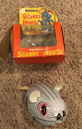 Vintage 1960s Yone Scurry Mouse Tin Wind - Up Toy And It