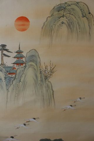 R02m4 Rising Sun & Mountain Temple Scenery Japanese Hanging Scroll