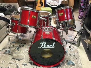 Vintage 7 Piece Pearl All Birch Drum Set In Sequoia Red Floating Snare