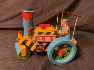 Vintage Tin Steam Roller Battery Operated Road Roller By Rosko Smokes.  Japan