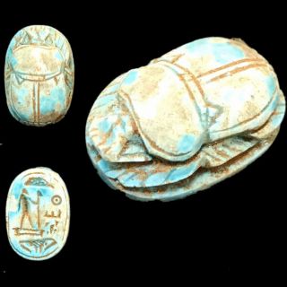 Very Rare Ancient Egyptian Blue Glazed Scarab Beetle Top Quality 300 B.  C.  (5)
