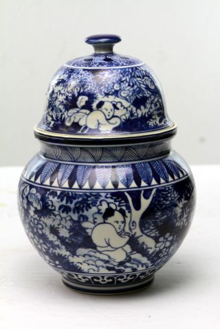 Antique Chinese Blue And White Lided Jar Vase Or Bowl Kangxi Era Small Boys