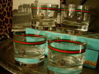 RARE Vintage GUCCI Etched Red Green Old fashion Glasses Service Barware Decor GG 2