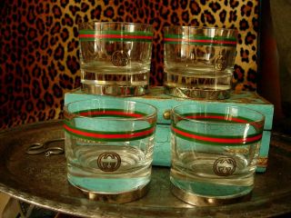 RARE Vintage GUCCI Etched Red Green Old fashion Glasses Service Barware Decor GG 3