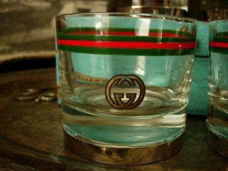 RARE Vintage GUCCI Etched Red Green Old fashion Glasses Service Barware Decor GG 6