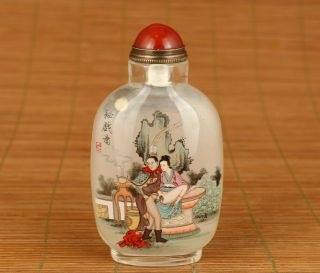 Rare Chinese Old Glass Hand Painting Qing Xiaozhuang Inside Story Snuff Bottle