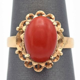 Vintage 14k Yellow Gold Red Coral Oval Band Ring 3.  4 Grams