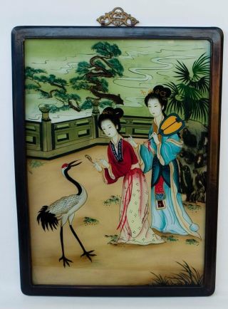 Vintage Reverse Glass Japanese Painting Japanese Geisha Girls With Crane Bird
