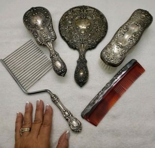 Antique Gorham Sterling Silver Vanity Set 23 Buttercup Mirror 2 Brush Comb Cake