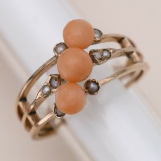 Antique Victorian Edwardian 9k Gold Pink Coral Seed Pearl Stacked Harem S 7 Ring
