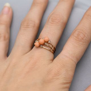 Antique Victorian Edwardian 9k Gold Pink Coral Seed Pearl Stacked Harem S 7 Ring 2