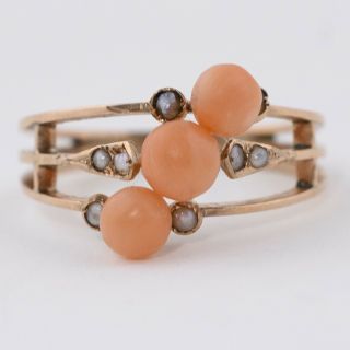 Antique Victorian Edwardian 9k Gold Pink Coral Seed Pearl Stacked Harem S 7 Ring 4