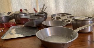 1950s Vintage Childrens Aluminum Cookware Pots Pans Lids Teapots Baking Sheet