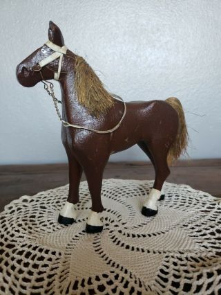 Folk Art Wood Hand Carved Horse Toy Vintage Primitive Straw Main Tail